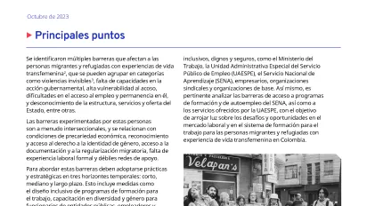Resumen ejecutivo: Barreras de acceso a servicios de empleo, formación profesional e integración socioeconómica de las personas migrantes y refugiadas con experiencia de vida transfemenina en Colombia
