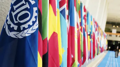 ILO and country flags aligned in ILO head office
