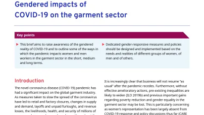 Cover page of the gendered impacts of Covid-19 in the garments sector brief