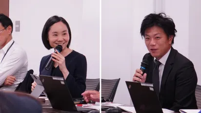 生命保険協会が主催した勉強会「機関投資家と『ビジネスと人権』」で話す日本サステナブル投資フォーラム（JSIF）理事の岸上有沙氏（左）とILO駐日事務所の田中竜介＝2024年10月17日午前10時半すぎ、東京・丸の内の新国際ビル