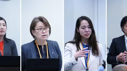 （左から）JEITAのCSR委サステナブル調達パートナーシップ構想TFサブリーダーでパナソニックオペレーショナルエクセレンスの一青杏奈氏、司会を務めた「ビジネスと人権」（BHR）推進社労士の小磯優子氏、ILO駐日事務所の鴨下真美、同・田中竜介＝2024年12月18日午後、東京・大手町