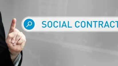 A man in a suit pointing a finger at a search box overlay with the word social contract is in the search