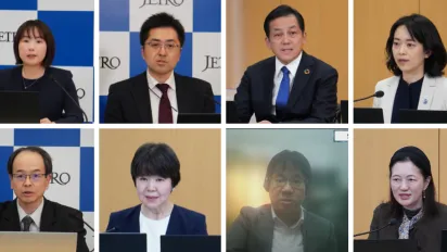 ウェビナー登壇者。（左上から時計回りに）ジェトロ調査部国際経済課課長代理森詩織氏、経済産業省大臣官房ビジネス・人権政策調整室室長折居直氏、ILO駐日代表高﨑真一、同駐日事務所プログラム・コーディネーター小林有紀、グローバル・コンパクト・ネットワーク・ジャパンプロジェクト統括マネージャー内田晴子氏、小島衣料常務取締役小島高典氏、キヤノン執行役員サステナビリティ推進本部長郡司典子氏、ジェトロ調査部主任調査研究員田中晋氏＝2024年3月14日午後、東京都港区