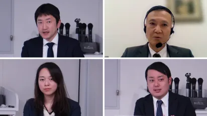 自動車部品工業会のセミナーの様子。（左上から時計回りに）同会の山本裕也氏、BHR推進社労士の薦田勉氏、ILO駐日事務所の本庄宏式、同・鴨下真美＝2025年3月10日午後