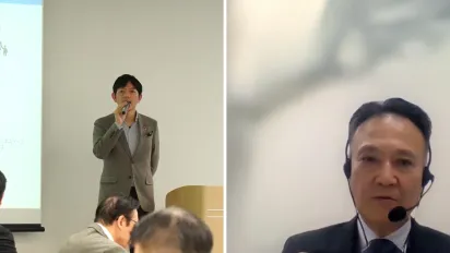 東京都で2024年12月11日に開催した中小企業向け「ビジネスと人権」セミナー（左）と、3月25日のウェビナーで講演するBHR推進社労士の薦田勉氏