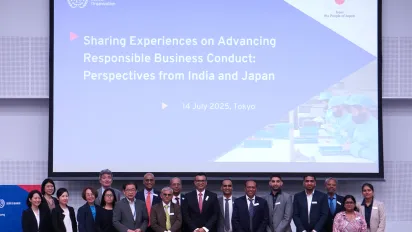 Participants from India and Japan gather to discuss responsible business conduct. (2025, Tokyo) 