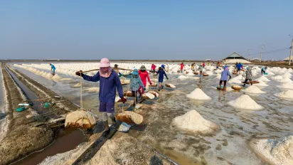 Workers collect and transport salt from the salt fields to a warehouse for storage in Phetchaburi Province, Thailand.