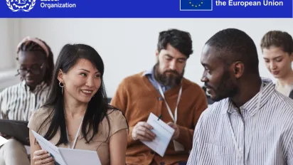 Group of young experts of different nationalities speaking. The figure shows the logos of the ILO and the EU on the top