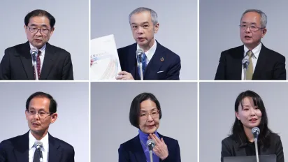 セミナー登壇者。（左上から時計回りに）ILO駐日代表の富田望、経団連ソーシャル・コミュニケーション本部長の正木義久氏、建設・不動産『人権デュー・ディリジェンス推進協議会』の森下朝日太郎氏、日本貿易会サステナビリティグループ主幹の遠藤恵理香氏、電子情報技術産業協会CSR委員会副委員長の森実尚子氏、日本繊維産業連盟副会長兼事務総長の富𠮷賢一氏（登壇順）＝2025年12月16日午後、東京・渋谷の国連大
