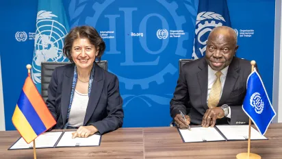 Ratification ceremony of Convention No. 190, 4 December 2025: Ms Hasmik Tolmajian, Ambassador and Permanent Representative of the Republic of Armenia to the United Nations Office in Geneva and Gilbert F. Houngbo, Director-General of the ILO.