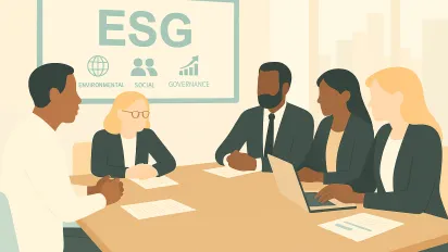 Group of 5 business representatives (three women and two men) sitting in meeting room discussing environmental, social and governance criteria for business operations. In the background a chalkboard with ESG written in it and a window with a view to a skyline of buildings.
