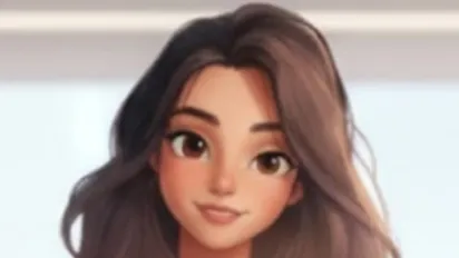 Ilustración de mujer joven de tez blanca, cabello lacio de color castaño 