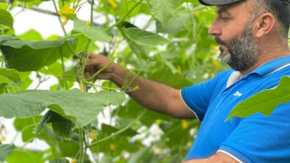 man from Lebanon checking on a plant