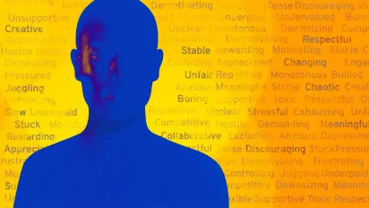 The image depicts a close-up of a human face expressing a profound sense of introspection regarding the psychosocial environment at work. A texture composed of various words appears in the background describing the different ways in which people experience work: rewarding, creative, hostile, unfair, demanding, underpaid, monotonous, meaningful and others.