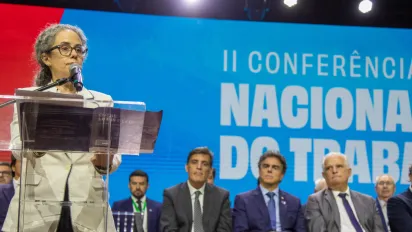 Diretora regional da OIT para América Latina e Caribe, Ana Virgínia Moreira Gomes, discursa na abertura da II Conferência Nacional do Trabalho, realizada em 3 de março, em São Paulo. 
