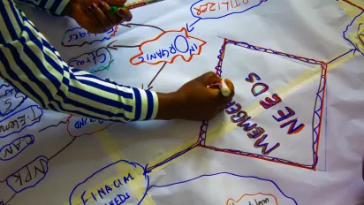 A participant to a COOPs meeting draws the structure of a Cooperative 