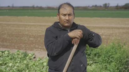 Hombre trabajador rural apoyado sobre una herramienta de labranza en un campo agrícola, con cultivos en crecimiento y paisaje rural al fondo.