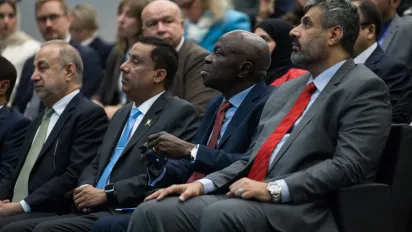  (R to L) Oman Minister of Labour Prof. Mahad Said Baawain, ILO Director-General Gilbert F. Houngbo and other officials at the launch of a joint ILO-Oman Social Protection Fund report on the sidelines of the 114th ILC.Geneva, 4 May 2026.