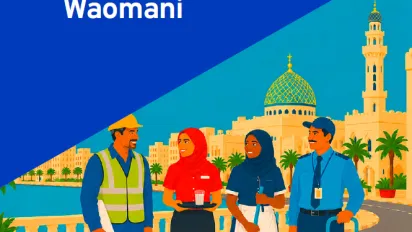 Illustrated cover showing four workers from construction, hospitality, domestic work and service sectors against an Omani cityscape, with partner logos below 2