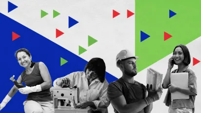 Collage en blanco y negro de cuatro personas trabajadoras —una trabajadora de limpieza, una costurera, un trabajador de la construcción y una profesional de oficina— sobre un fondo texturizado con grandes formas geométricas azules y verdes y pequeñas flechas rojas, azules, verdes y blanca