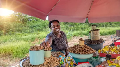 A smiling woman sells peanuts at an outdoor stall with lush green fields in the background