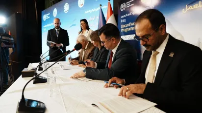 Representatives of the Government of Iraq, the Conference of Trade Union Federations and Unions in Iraq, the Iraqi Federation of Industries and the ILO sign Iraq’s new Decent Work Country Programme.