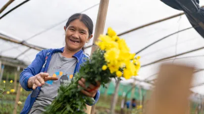 A migrant worker tends budding flowers on a terraced hillside in Pong Yaeng, Chiang Mai. 7/2026