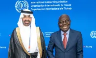 ILO Director-General Gilbert F. Houngbo (right) and Saudi Arabia Minister of Human Resources and Social Development Eng. Ahmed bin Sulaiman Al-Rajhi during a bilateral meeting at the 114th ILC. Geneva, 4 May 2026.