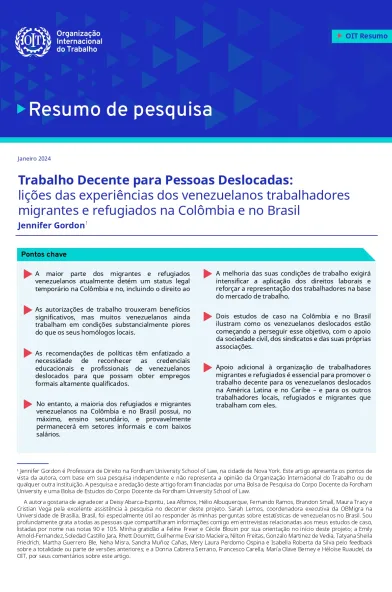 Trabalho Decente para Pessoas Deslocadas: lições das experiências dos venezuelanos trabalhadores migrantes e refugiados na Colômbia e no Brasil