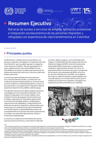 Resumen ejecutivo: Barreras de acceso a servicios de empleo, formación profesional e integración socioeconómica de las personas migrantes y refugiadas con experiencia de vida transfemenina en Colombia