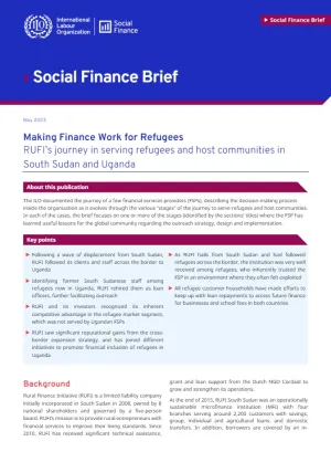 Cover for publication: "Social Finance Brief: RUFI's journey in serving refugees and host communities"