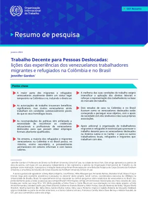 Trabalho Decente para Pessoas Deslocadas: lições das experiências dos venezuelanos trabalhadores migrantes e refugiados na Colômbia e no Brasil
