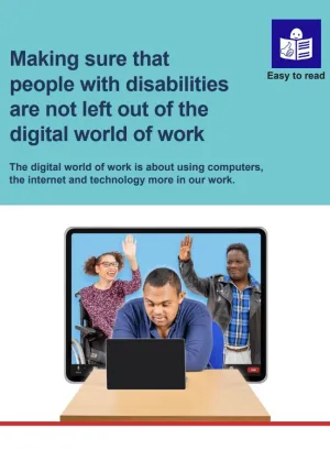 One person wearing a blue shirt in front of a laptop. Two people in the background, one wearing a pink shirt and glasses, using a wheelchair. The other wearing a blue plaid shirt and a black leather jacket.