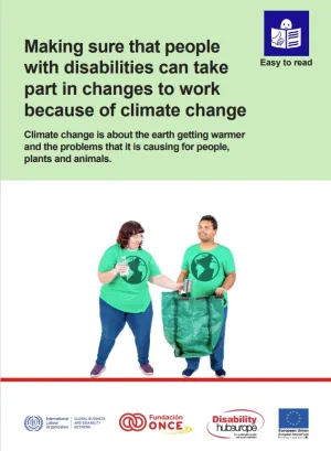 Title of the report at the top in black print on a green background. Two people wearing green shirts with globes on them, recycling bottles into a green bag