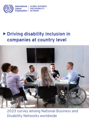 "Driving disability inclusion in companies at country level" in blue text on top of an image of six colleagues sitting around a table with a television behind them. "2023 survey among National Business and Disability Networks worldwide" in blue text below. 