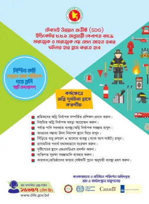 A poster promoting measures for fire safety at work in Bangla