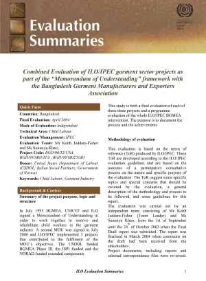 Cover page of the evaluation summary of the IPEC project towards a child-free Bangladesh garment sector