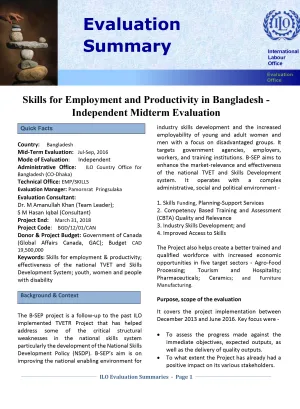 Cover image of the evaluation summary of the mid-term evaluation summary of the skills for employment and productivity project in Bangladesh 