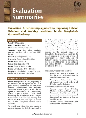 Cover image of the evaluation summary of the improving labour relations and working conditions in Bangladesh's garments' industry