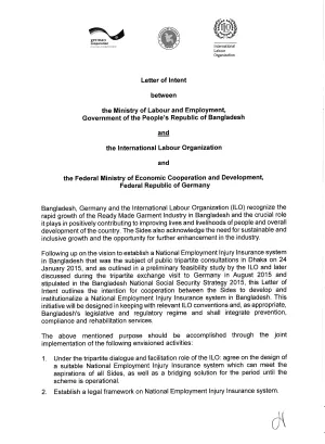Image of the ILO-Germany letter of intent for the employment injury scheme