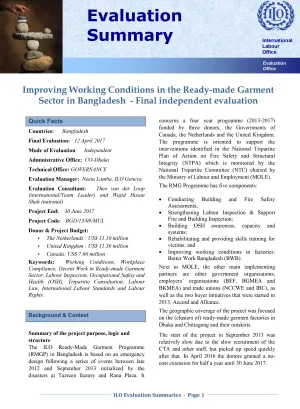 Cover image of the evaluation summary of the independent evaluation summary of improving working condition in the Bangladesh garments sector