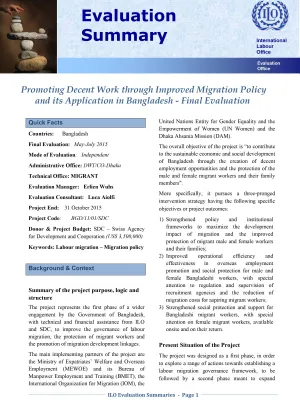 Cover image of the summary evaluation findings of the first phase of the project on promoting decent work through improved migration policy