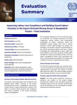 Cover page of the evaluation summary of labour compliance in shrimp export in Bangladesh