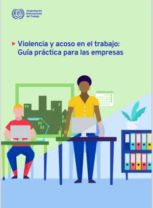Portada gráfica mujer de pie y persona sentada en una oficina