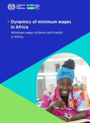 The cover of a report, with dark blue, light blue and green background colours. The photo features a woman textile worker in Africa is wearing a bright pink shirt, a blue scarf around her hair and is smiling at the camera, working in a textile factory