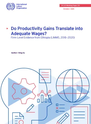 Cover page with ILO logo, publication details and abstract geometric illustrations of gears, charts, and documents in blue and red tones