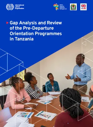 Cover showing a facilitator leading a predeparture orientation session with a group of women, with ILO, BRMM, Government of Tanzania and UK aid logos.