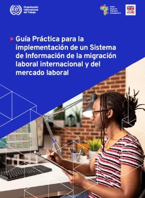 Portada de una publicación de color azul que muestra a una mujer trabajando en una computadora y tomando notas, con los logotipos de la OIT, BRMM y UK aid.