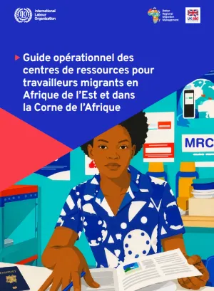 Illustrated cover showing a Migrant Resource Centre staff member assisting a migrant worker with information and documents.