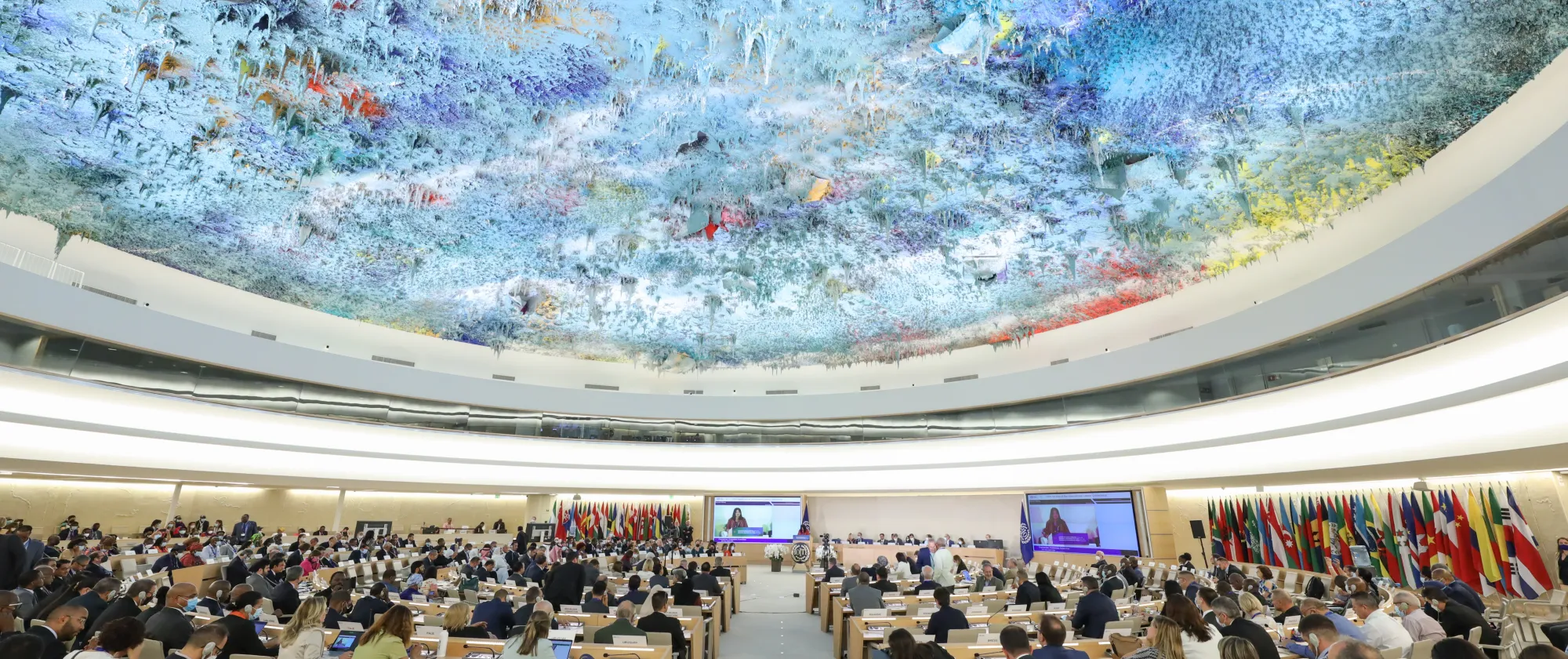 A photo of the International Labour Conference, taking place at the Palais de Nations in Geneva, Switzerland in 2022. 